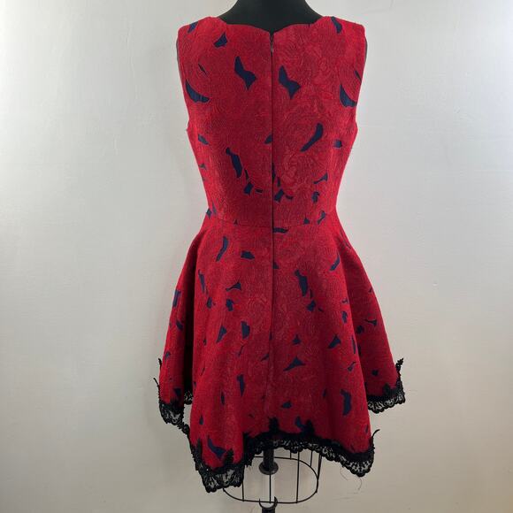 ALBERTO MAKALI Jacquard Fit & Flare Dress Red Blue Sleeveless Lace Trim Size 8 - Picture 9 of 12